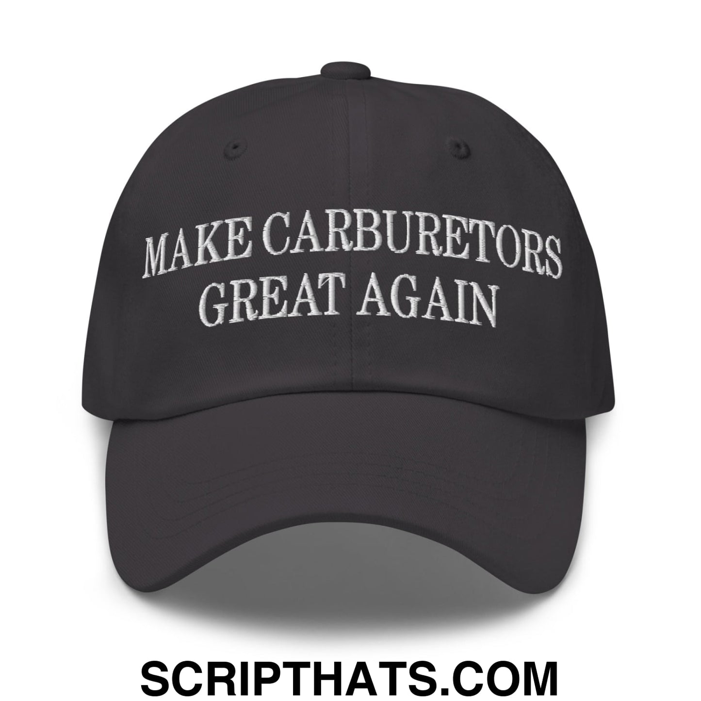 Black unstructured dad hat with white embroidered make carburetors great again text on front