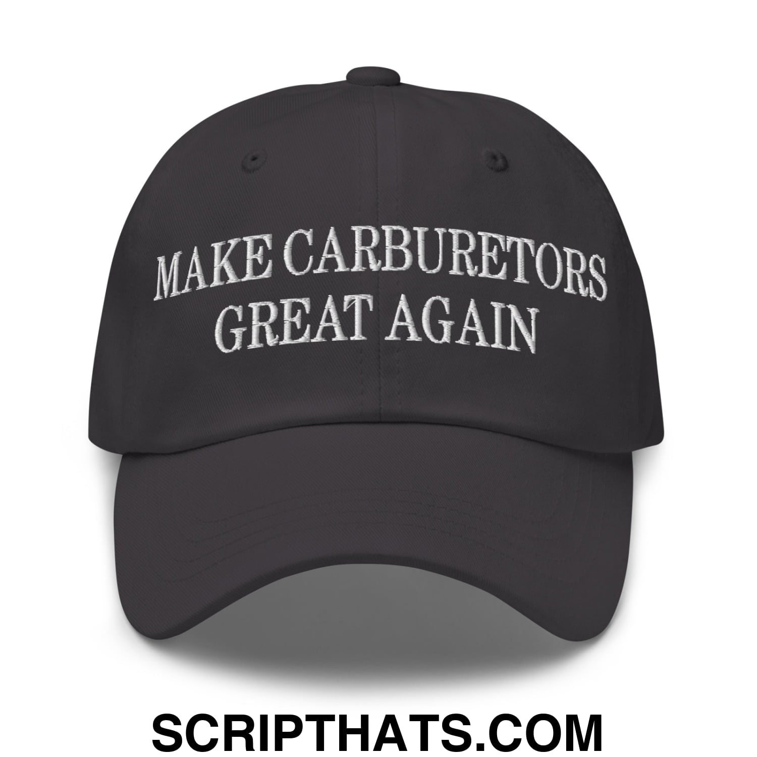 Black unstructured dad hat with white embroidered make carburetors great again text on front