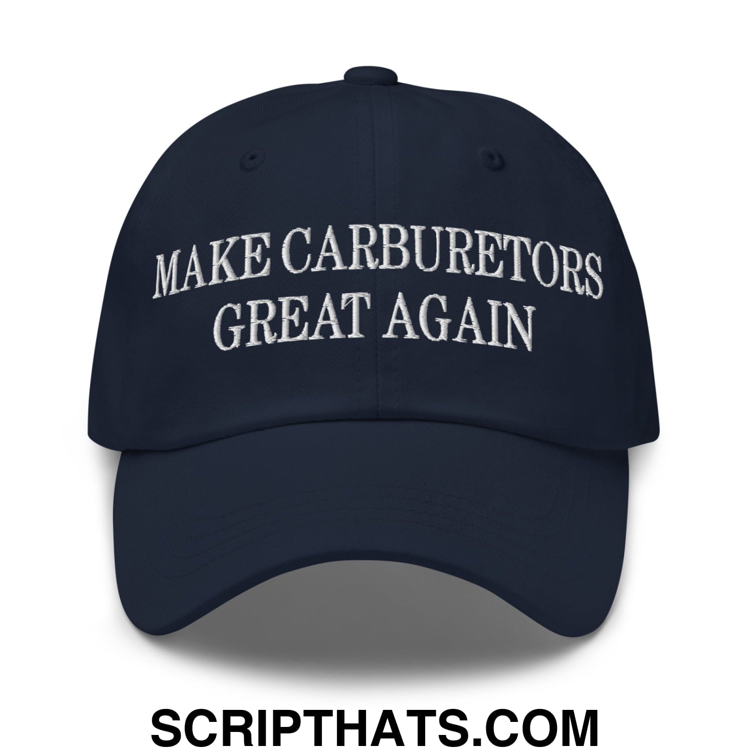 Navy blue unstructured dad hat with white embroidered text make carburetors great again on the front