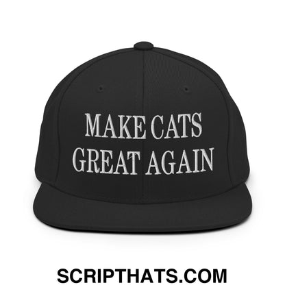 Black snapback hat with white embroidered make cats great again text and flat bill brim design