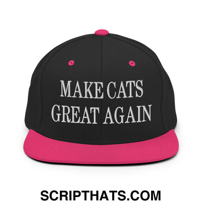 Black snapback cap with vibrant pink brim and button featuring white embroidered make cats great again text