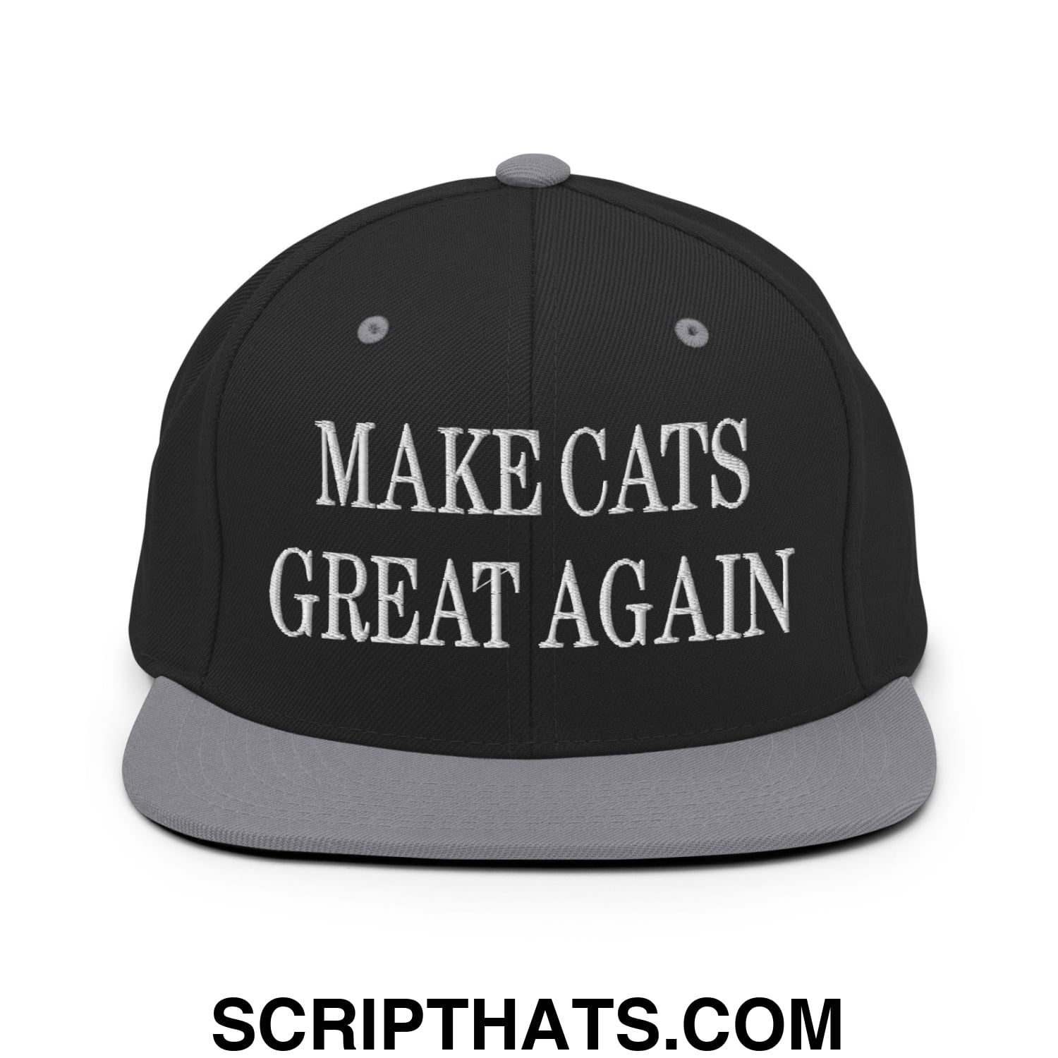 Make Cats Great Again Embroidered Flat Bill Brim Snapback Hat Black Silver