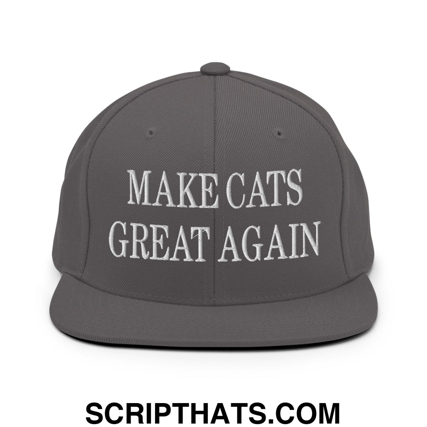 Gray snapback hat with white embroidered text reading make cats great again and flat bill brim design