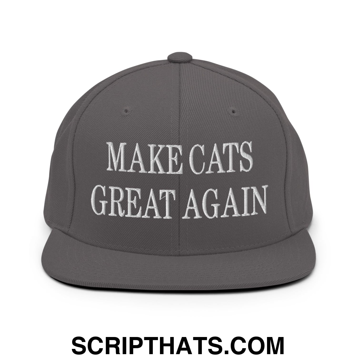 Gray snapback hat with white embroidered text reading make cats great again and flat bill brim design