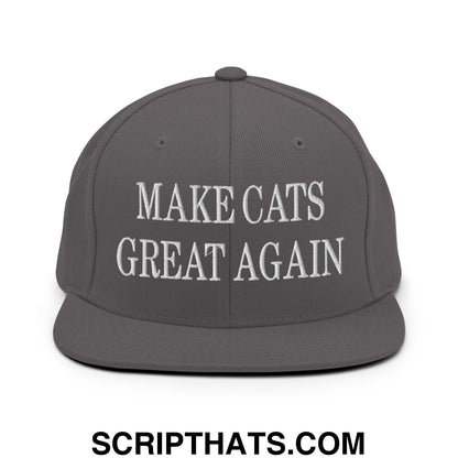 Gray snapback hat with white embroidered text reading make cats great again and flat bill brim design