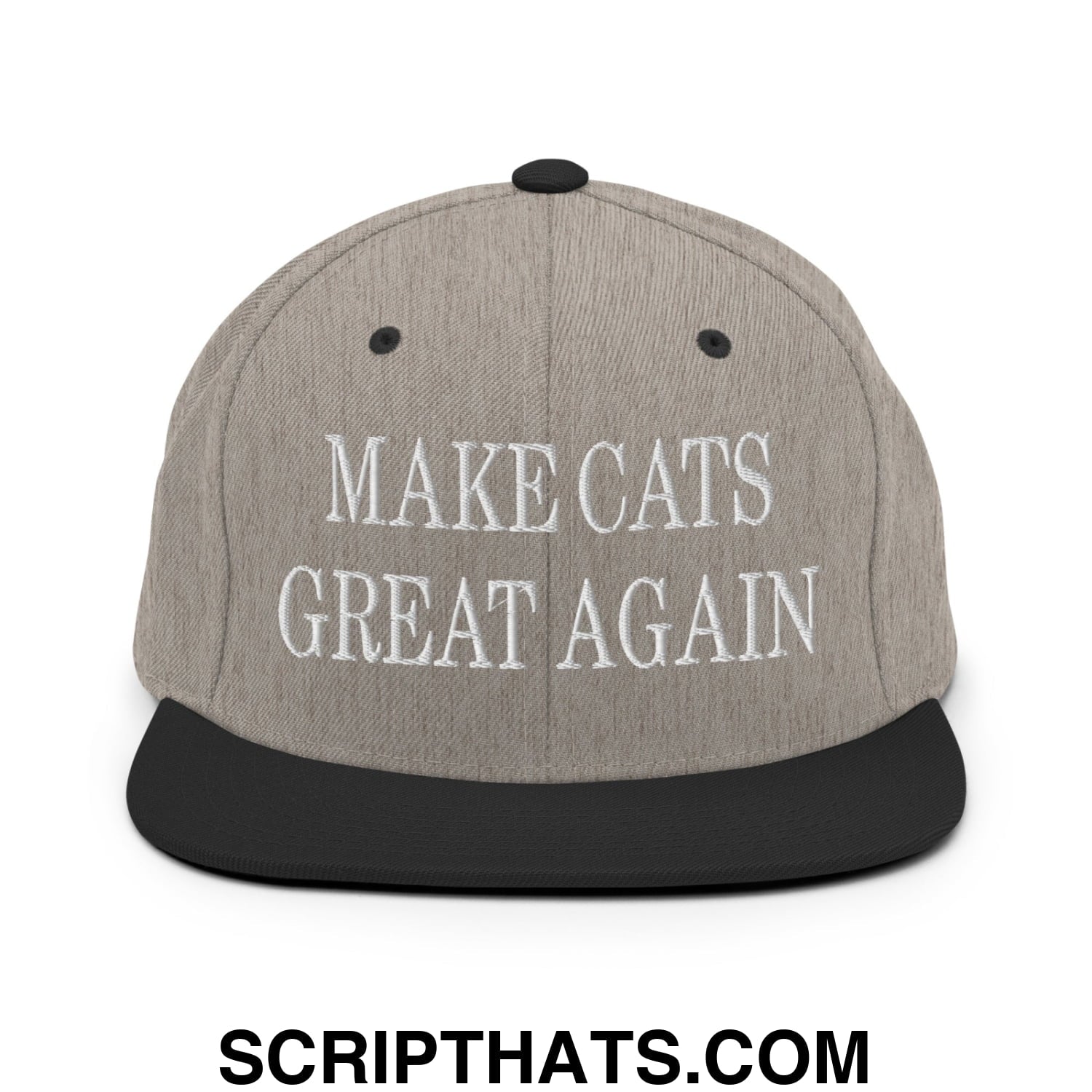 Gray snapback hat with black brim and embroidered white text reading make cats great again flat bill brim design