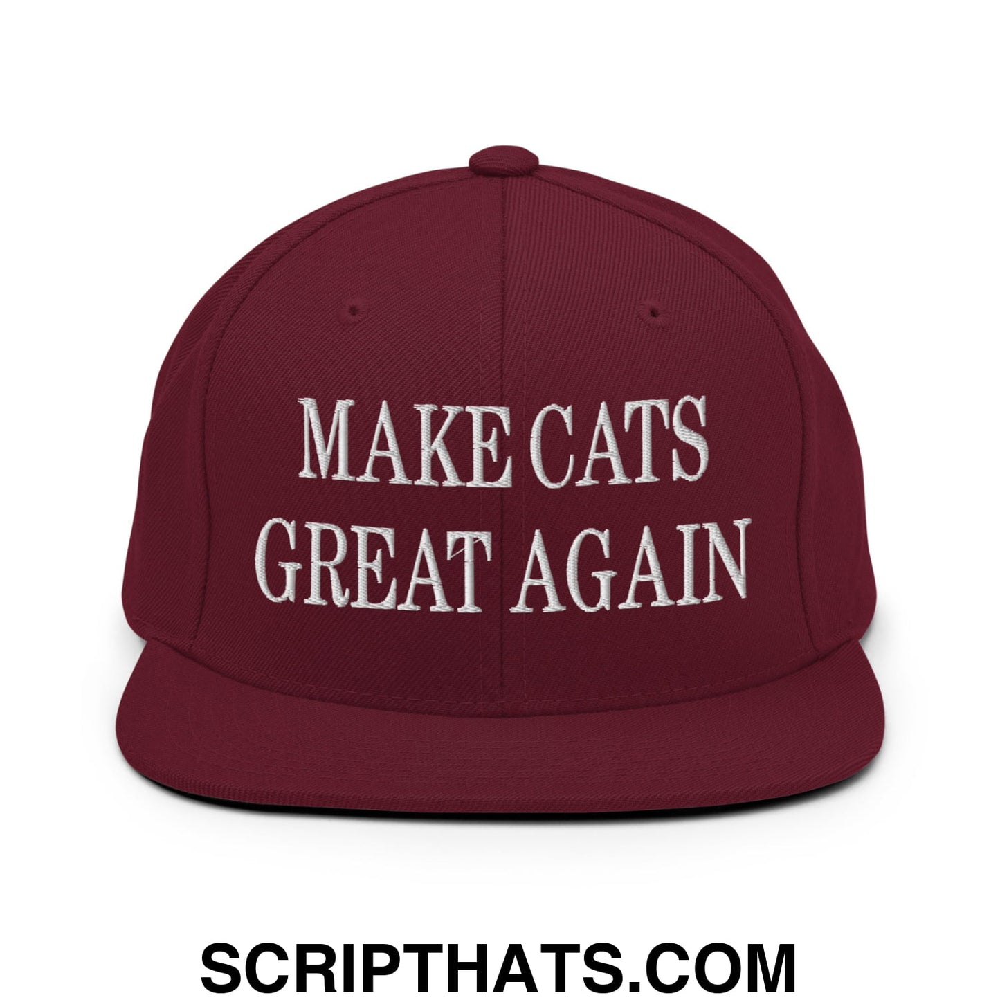 Maroon snapback hat with white embroidered make cats great again text and flat bill brim design