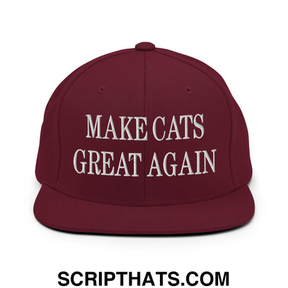 Maroon snapback hat with white embroidered make cats great again text and flat bill brim design