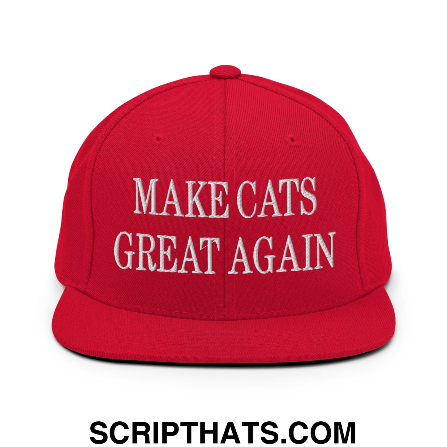 Red snapback cap with white embroidered make cats great again text and flat bill brim for casual wear