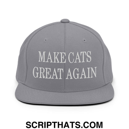 Gray flat bill brim snapback hat with white embroidered text reading make cats great again for casual wear