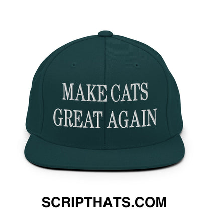 Dark green snapback hat with white embroidered make cats great again text and a flat bill brim design
