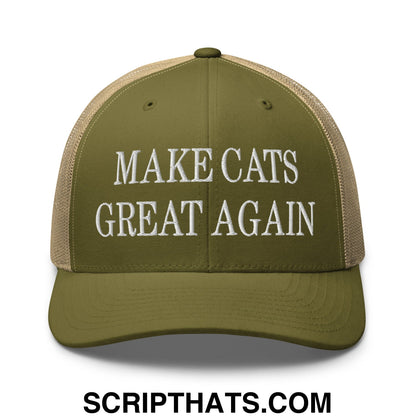 Olive green and tan mesh trucker hat with white embroidered text reading make cats great again