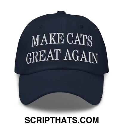 Navy blue unstructured dad hat with white embroidered make cats great again text perfect for casual wear
