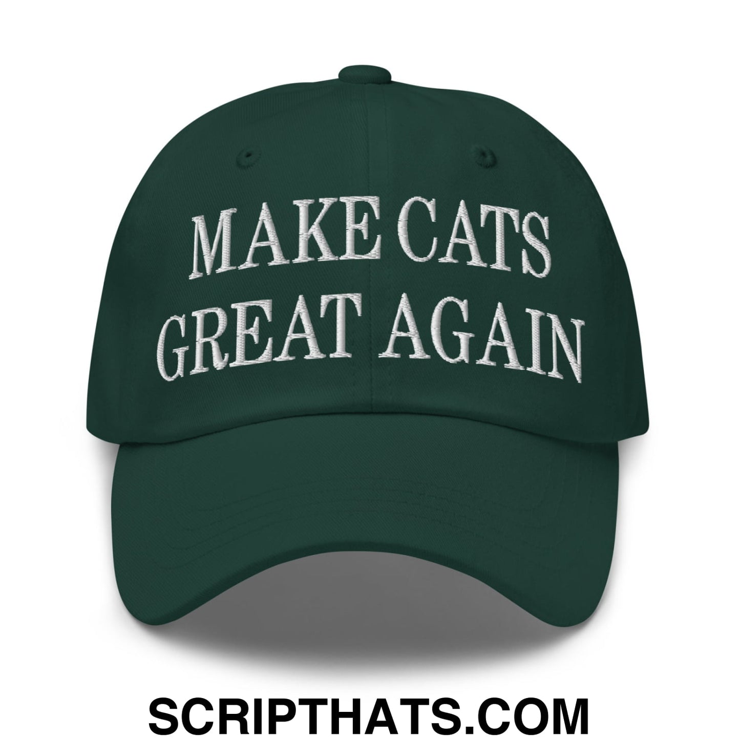 Dark green unstructured dad hat with white embroidered text make cats great again for casual wear