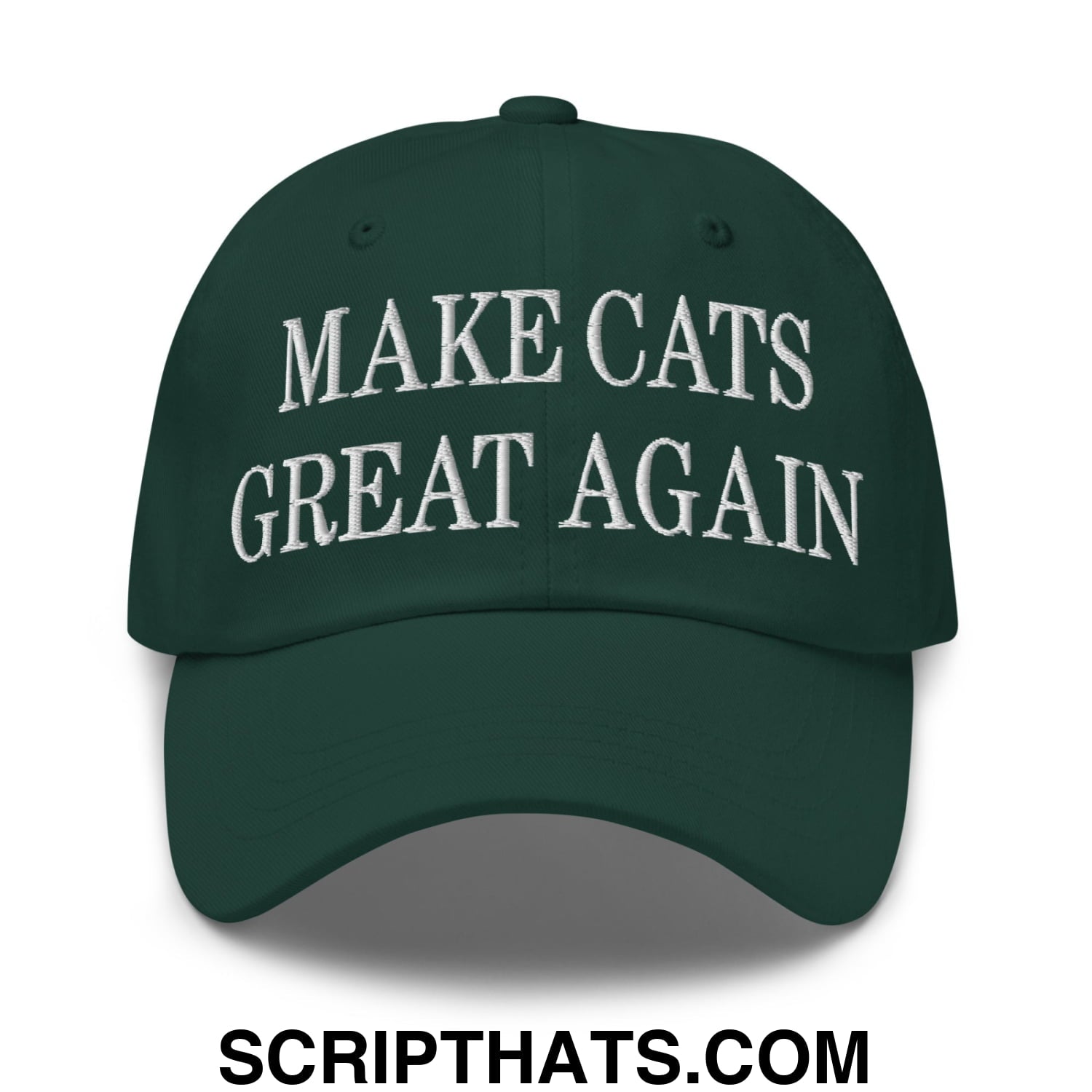 Dark green unstructured dad hat with white embroidered text make cats great again for casual wear