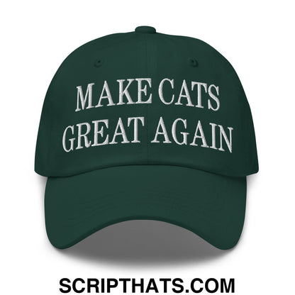 Dark green unstructured dad hat with white embroidered text make cats great again for casual wear