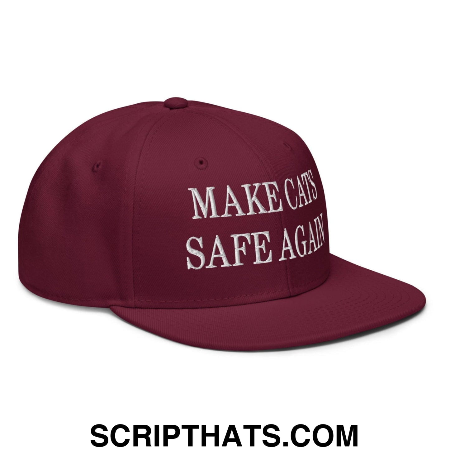 Make Cats Safe Again Embroidered Flat Brim Bill Snapback Hat Burgundy maroon