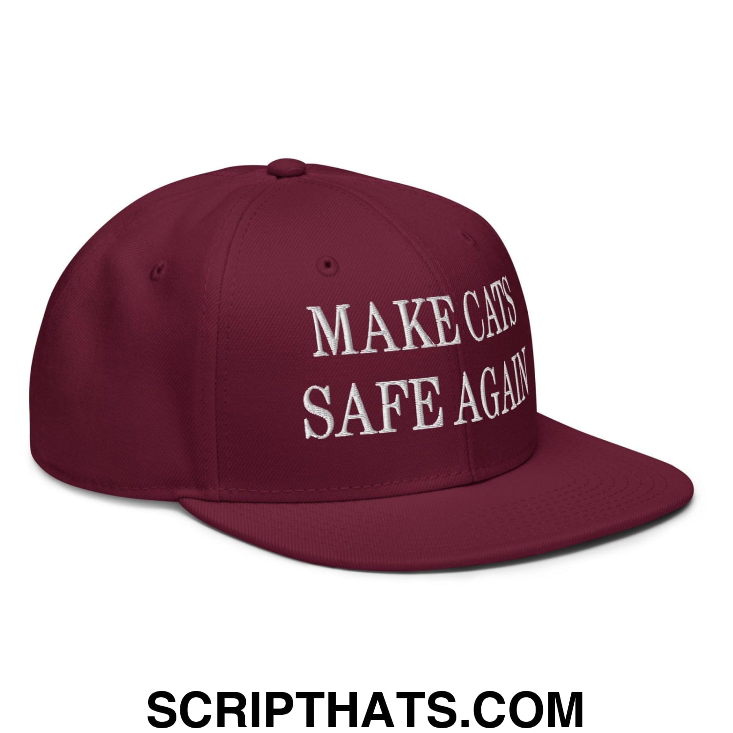 Make Cats Safe Again Embroidered Flat Brim Bill Snapback Hat Burgundy maroon