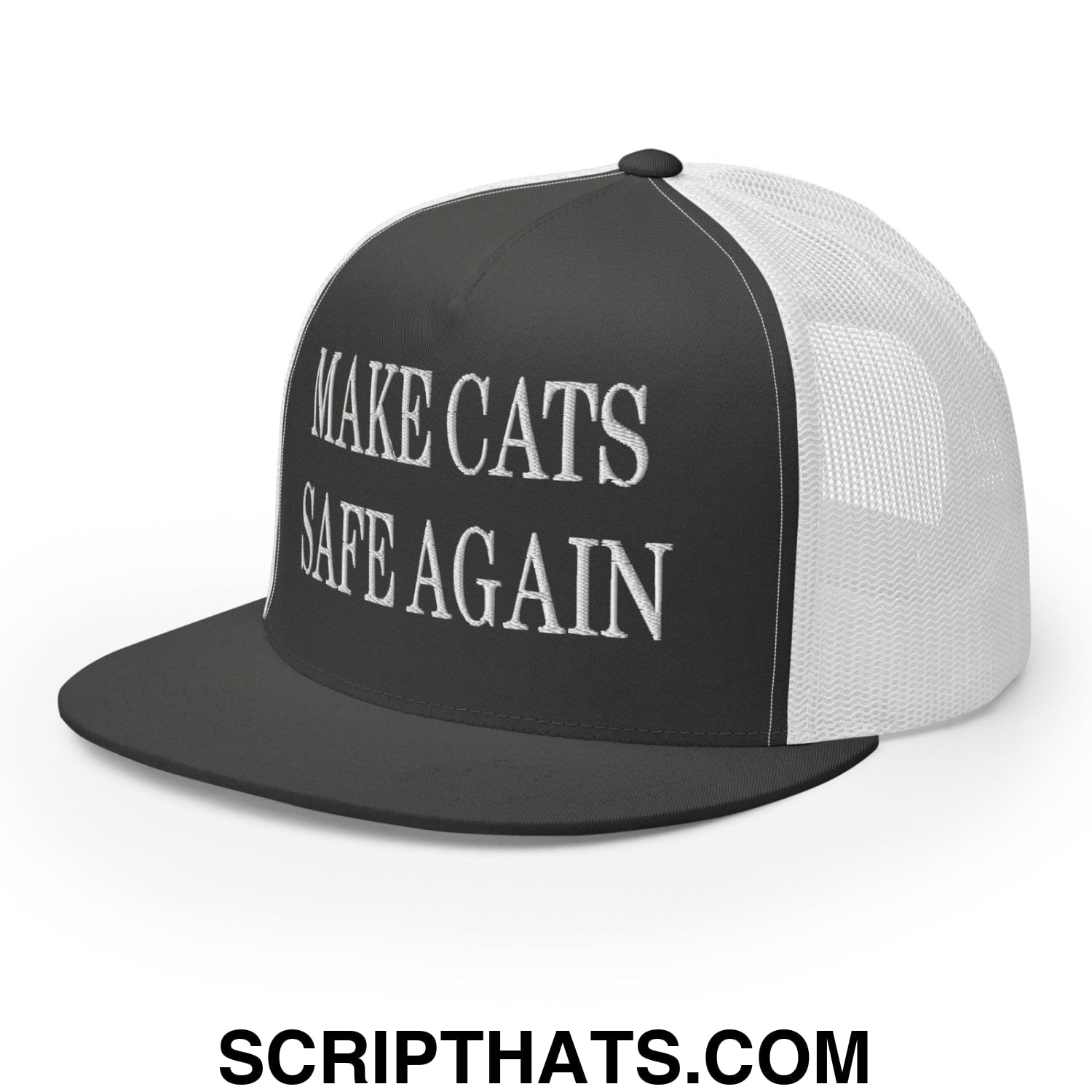 Make Cats Safe Again Embroidered Mesh Flat Bill Brim Trucker Hat Charcoal White