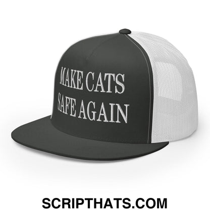 Make Cats Safe Again Embroidered Mesh Flat Bill Brim Trucker Hat Charcoal White