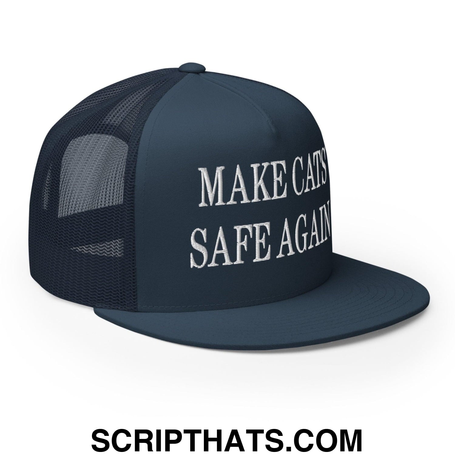 Make Cats Safe Again Embroidered Mesh Flat Bill Brim Trucker Hat Navy