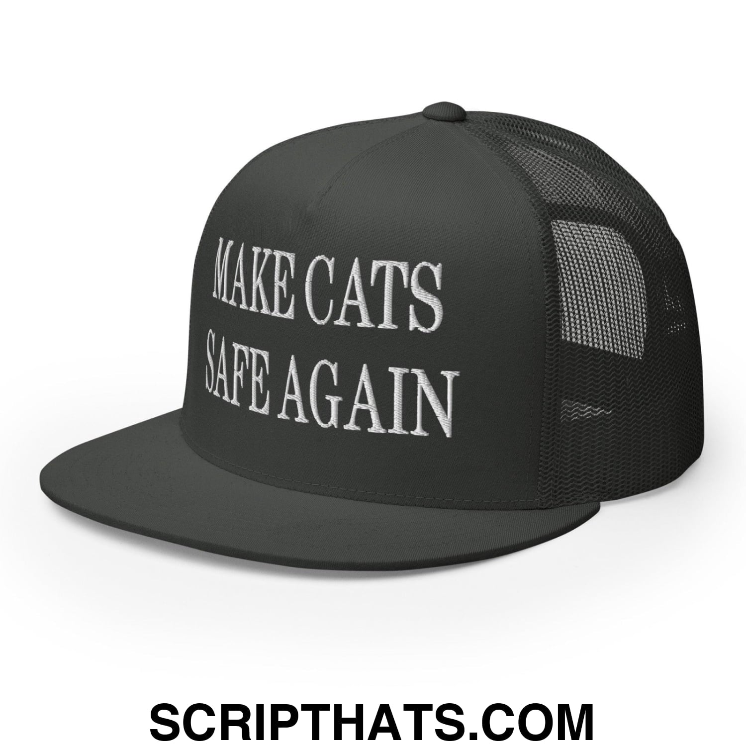 Make Cats Safe Again Embroidered Mesh Flat Bill Brim Trucker Hat Charcoal