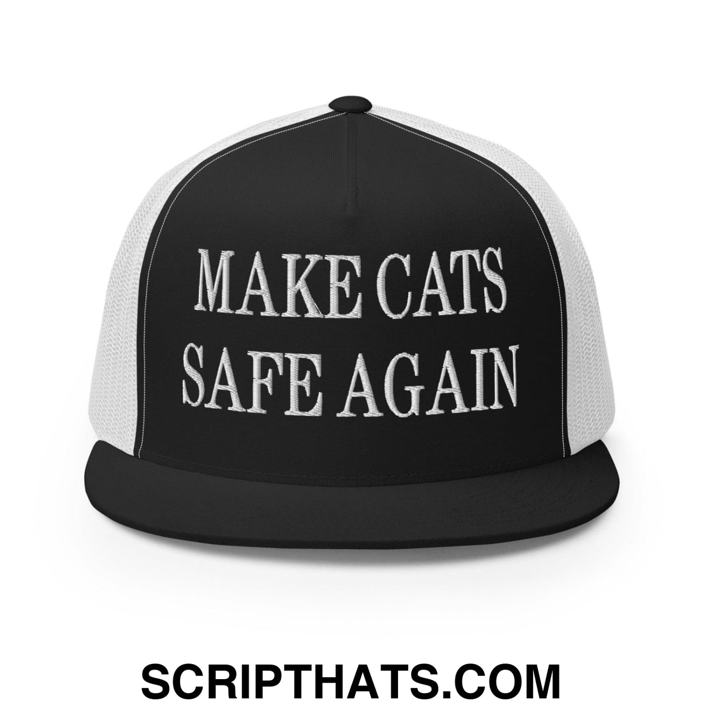 Make Cats Safe Again Embroidered Mesh Flat Bill Brim Trucker Hat Black White