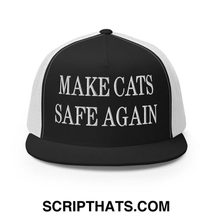 Make Cats Safe Again Embroidered Mesh Flat Bill Brim Trucker Hat Black White
