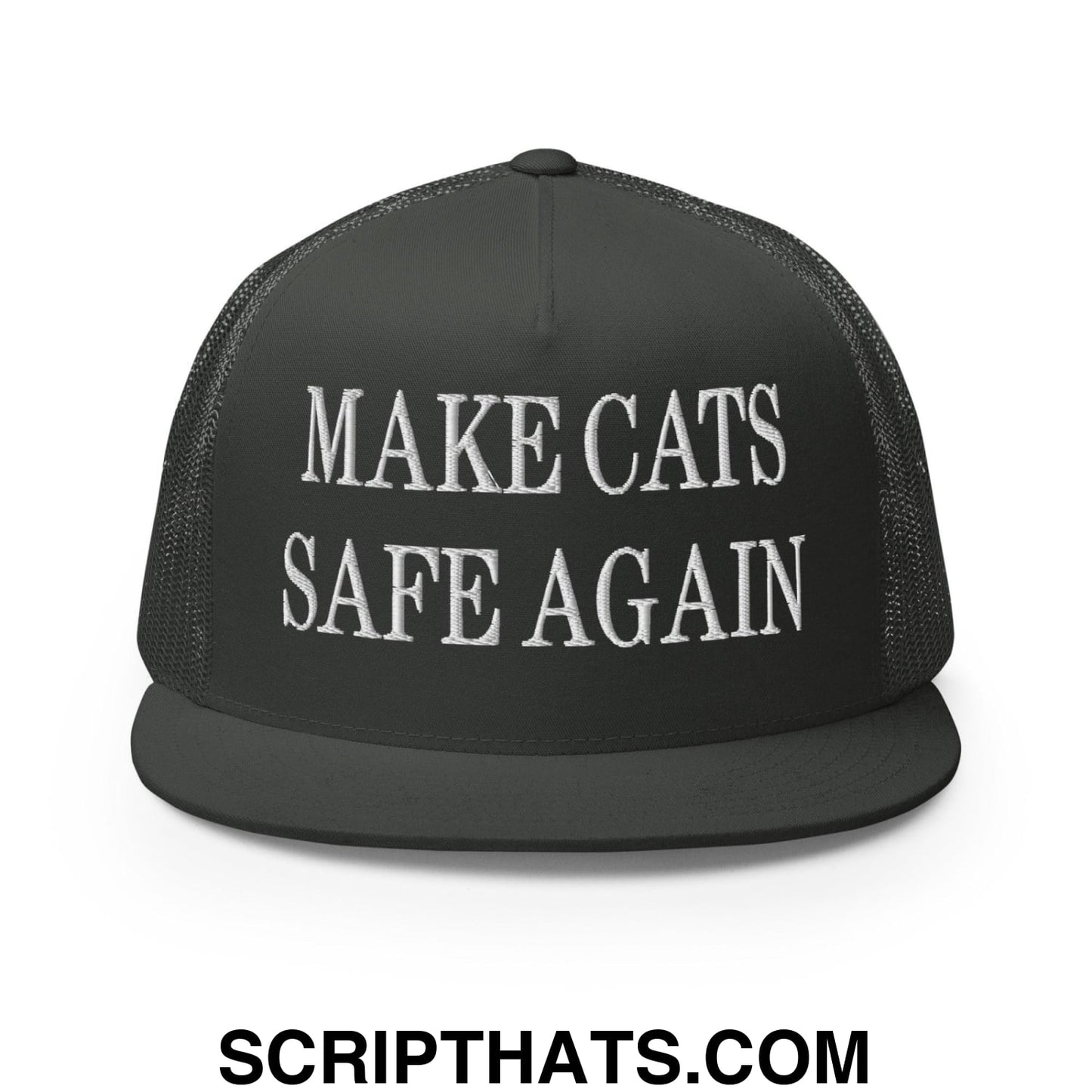 Make Cats Safe Again Embroidered Mesh Flat Bill Brim Trucker Hat Charcoal