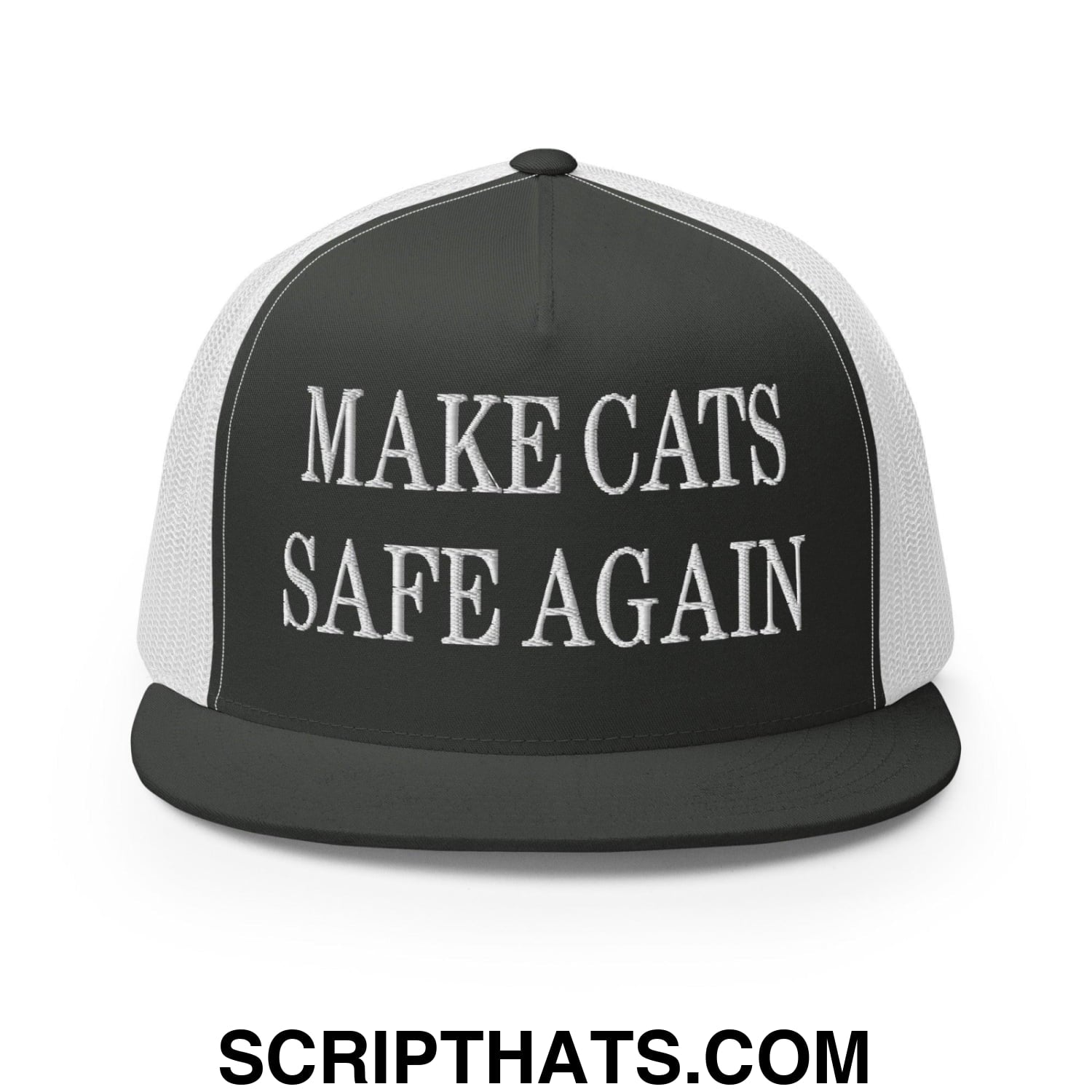 Make Cats Safe Again Embroidered Mesh Flat Bill Brim Trucker Hat Charcoal White