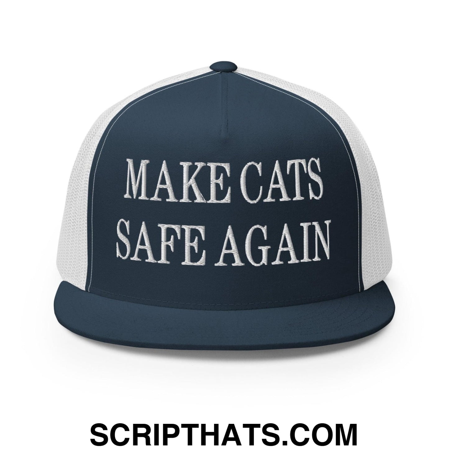 Make Cats Safe Again Embroidered Mesh Flat Bill Brim Trucker Hat Navy White