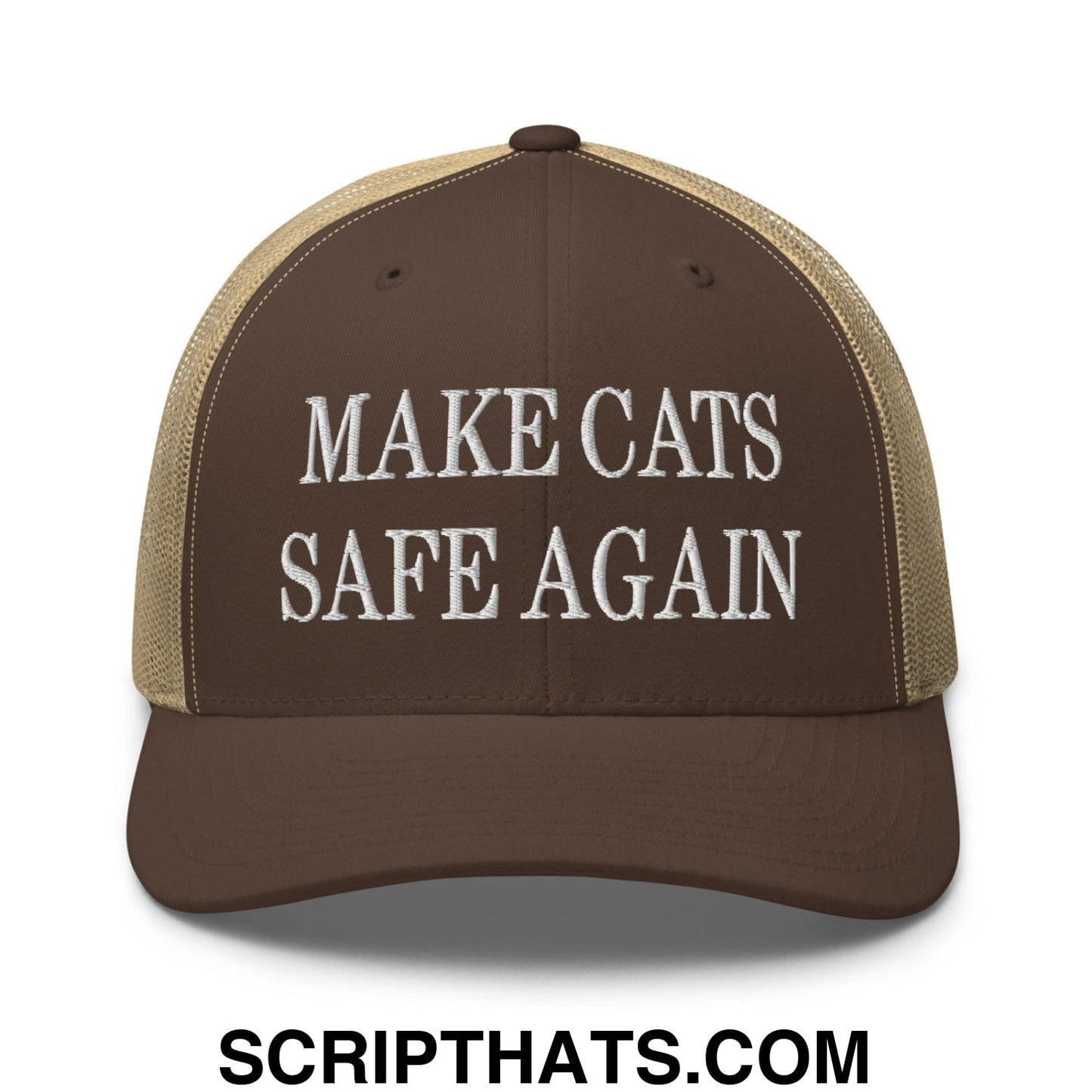 Make Cats Safe Again Embroidered Mesh Trucker Hat Brown Khaki