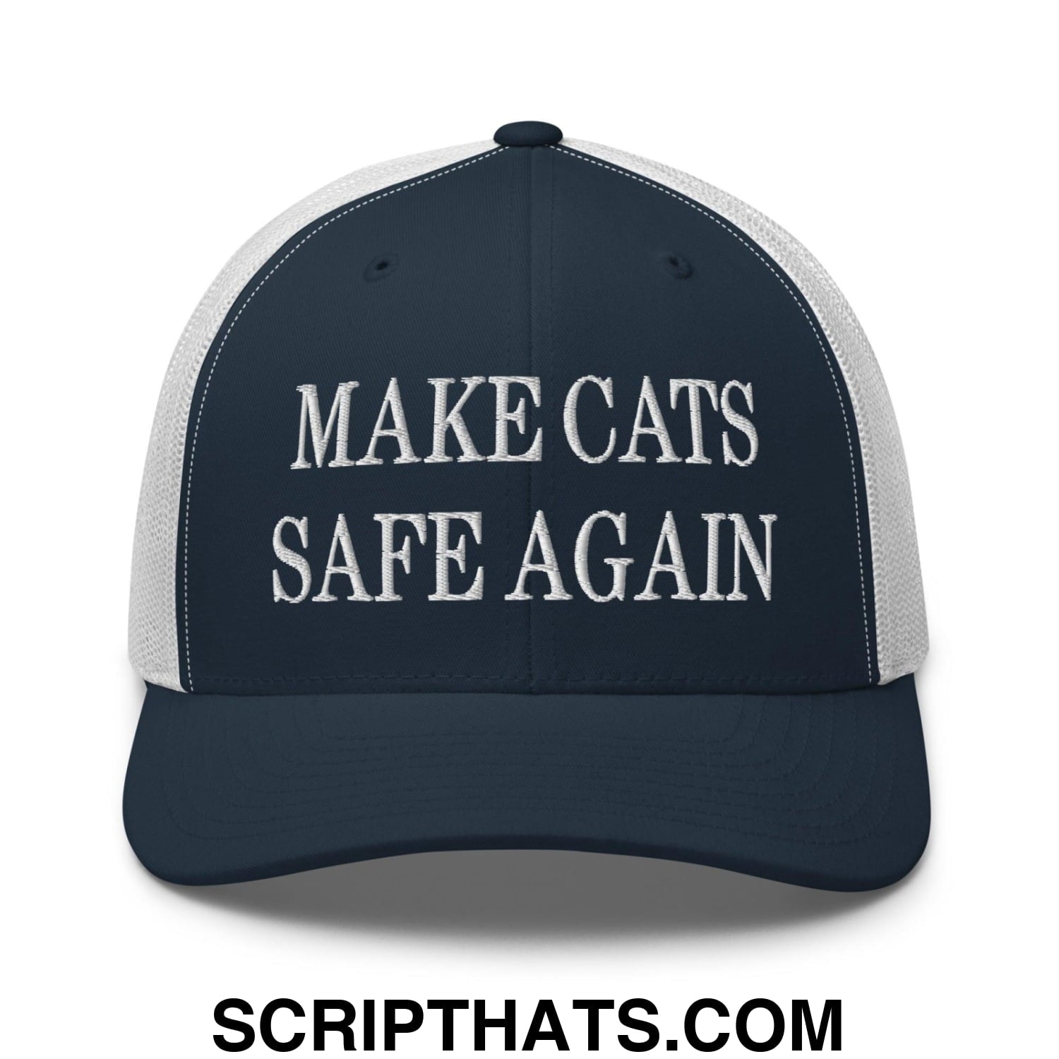 Make Cats Safe Again Embroidered Mesh Trucker Hat Navy White