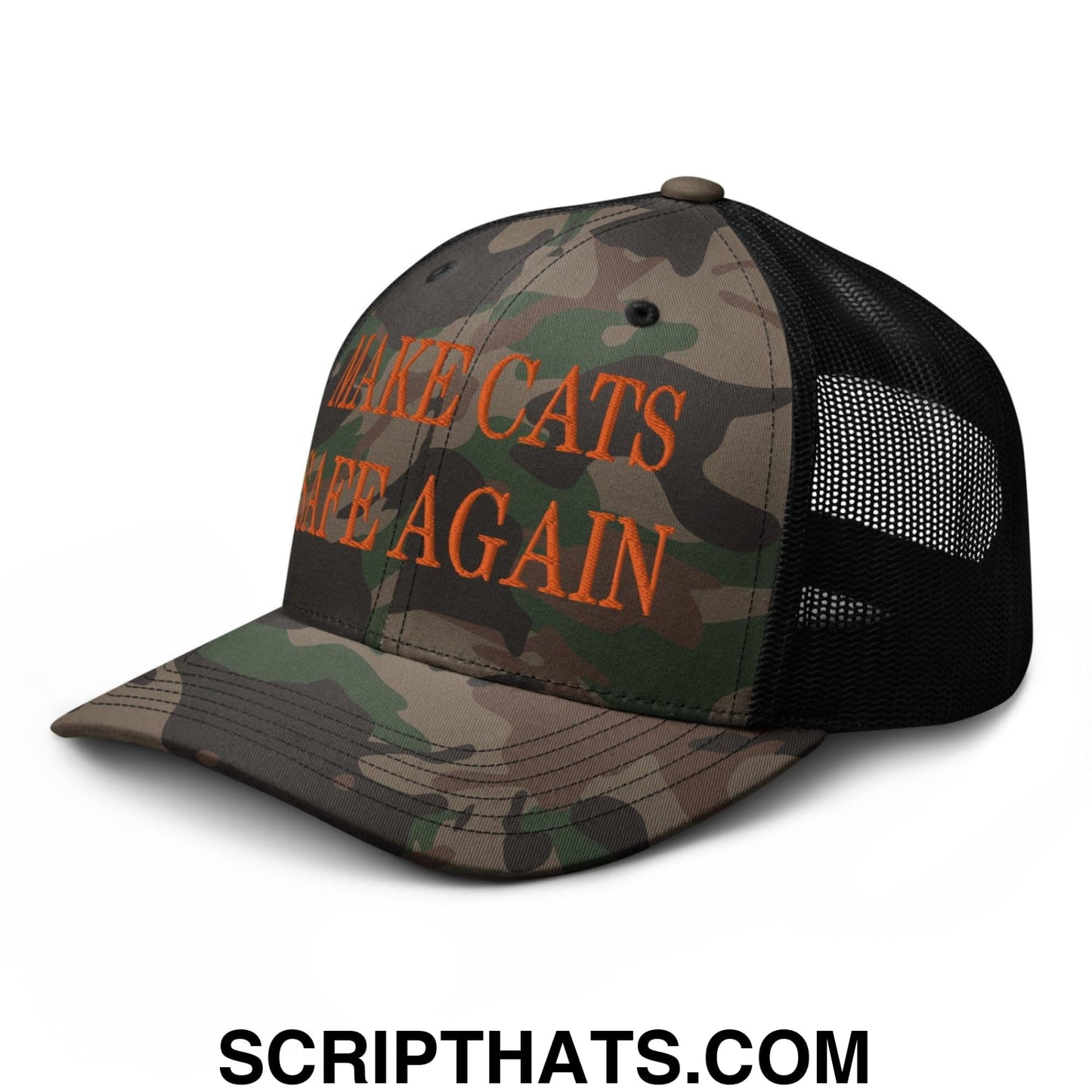 Make Cats Safe Again Embroidered Orange Camo Trucker Hat Camo Black