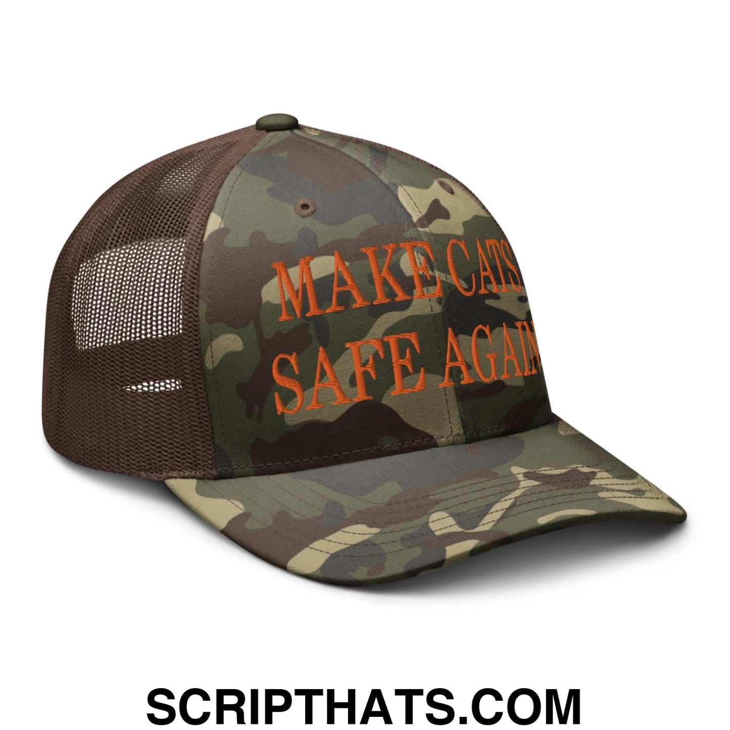 Make Cats Safe Again Embroidered Orange Camo Trucker Hat Camo Brown