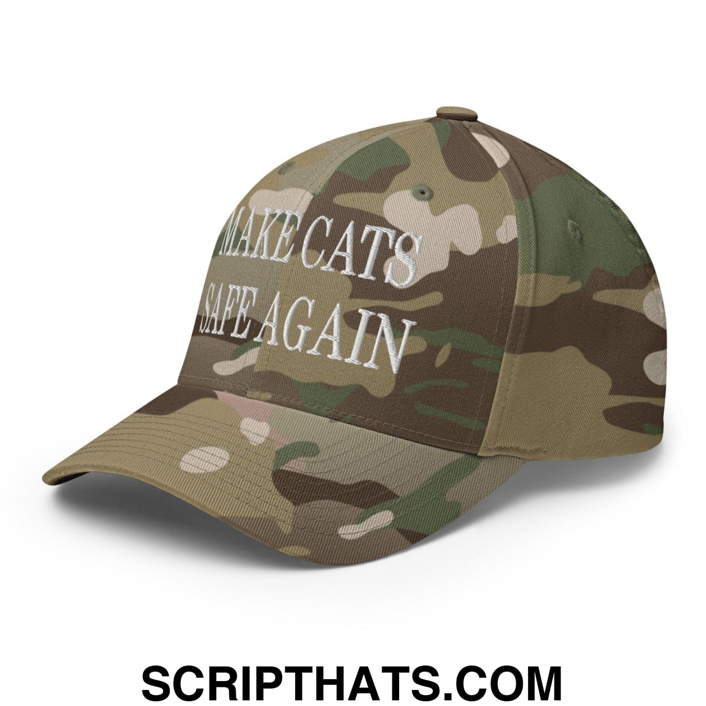 Make Cats Safe Again Embroidered Stretch Fit Baseball Hat Multicam Green