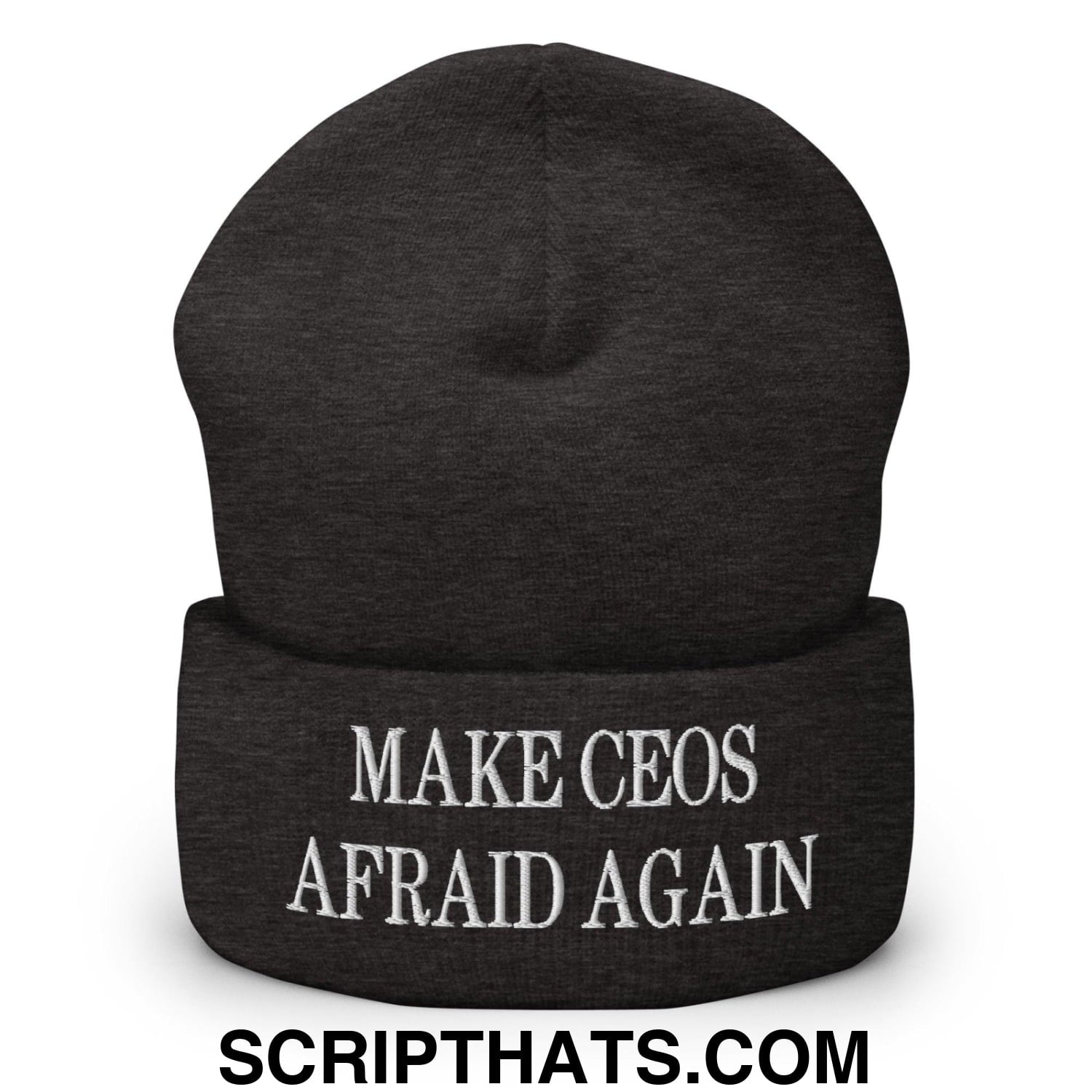 Make CEOs Afraid Again Embroidered Knit Cuffed Beanie Dark Grey