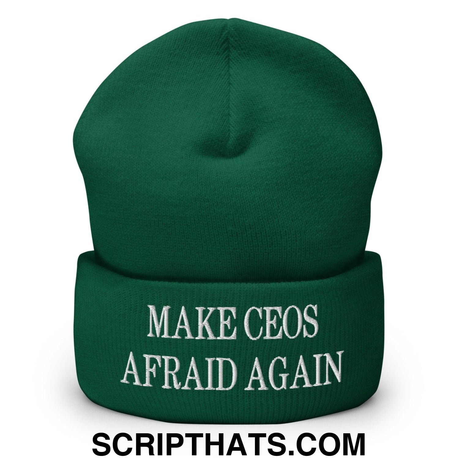 Make CEOs Afraid Again Embroidered Knit Cuffed Beanie Spruce
