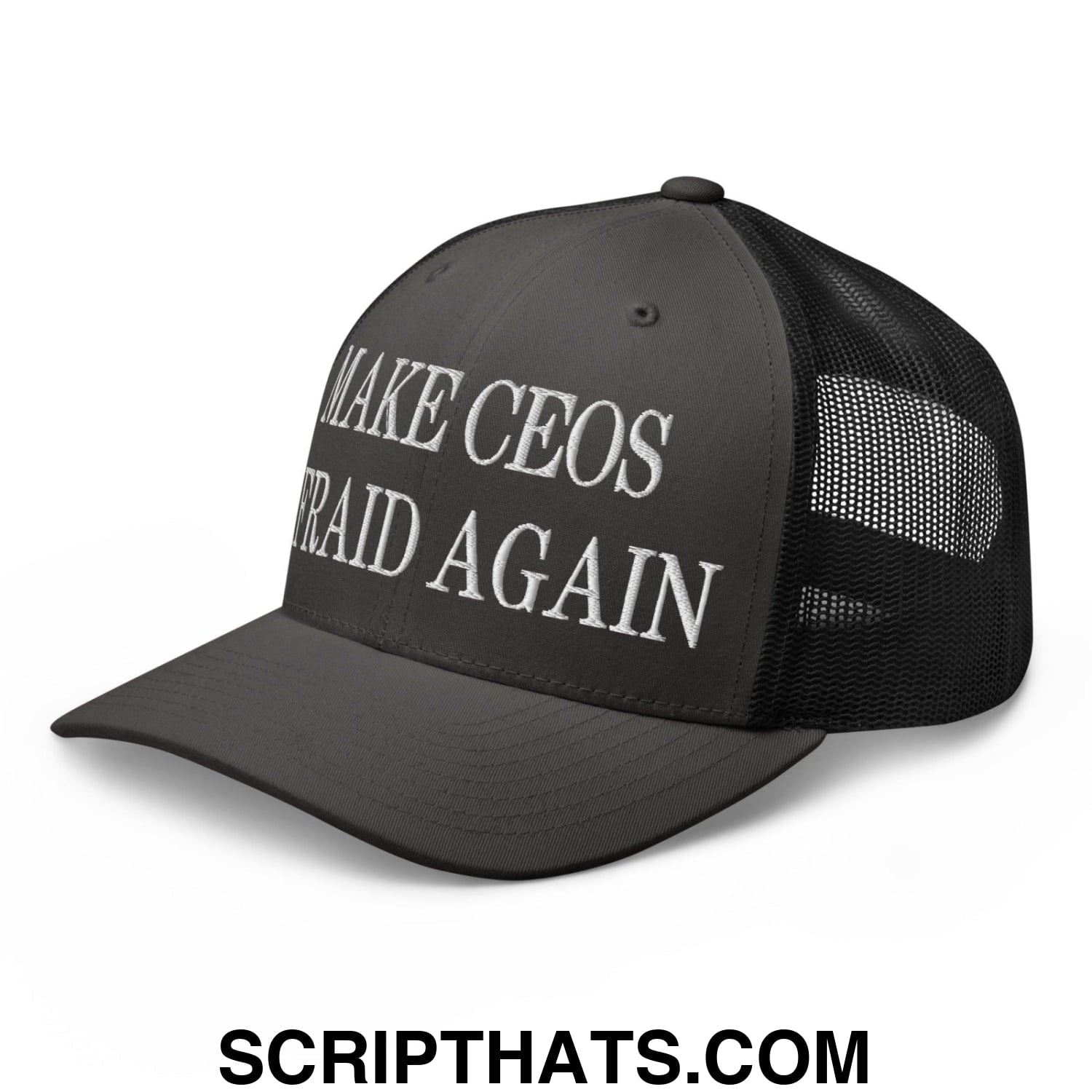 Make CEOs Afraid Again Embroidered Mesh Trucker Hat Charcoal Black