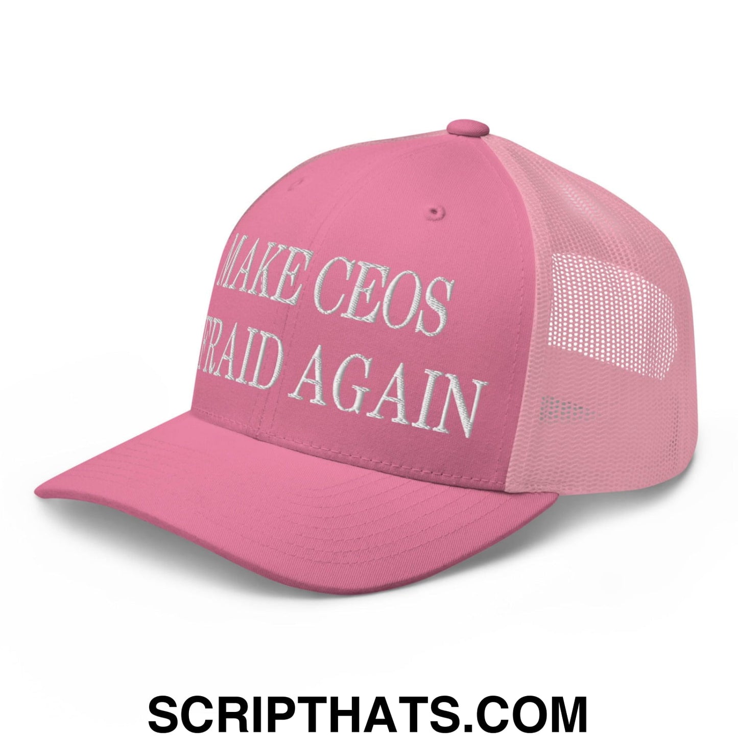 Make CEOs Afraid Again Embroidered Mesh Trucker Hat Pink