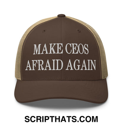 Make CEOs Afraid Again Embroidered Mesh Trucker Hat Brown Khaki