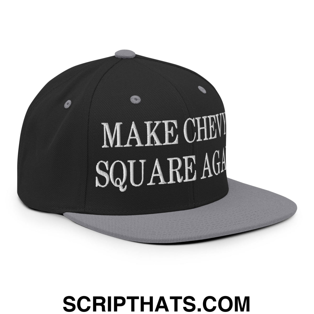 Black and gray snapback hat with white embroidered make chevy square again text and flat bill brim
