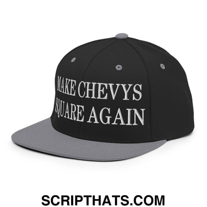 Black and gray embroidered flat bill brim snapback hat with white make chevys square again text