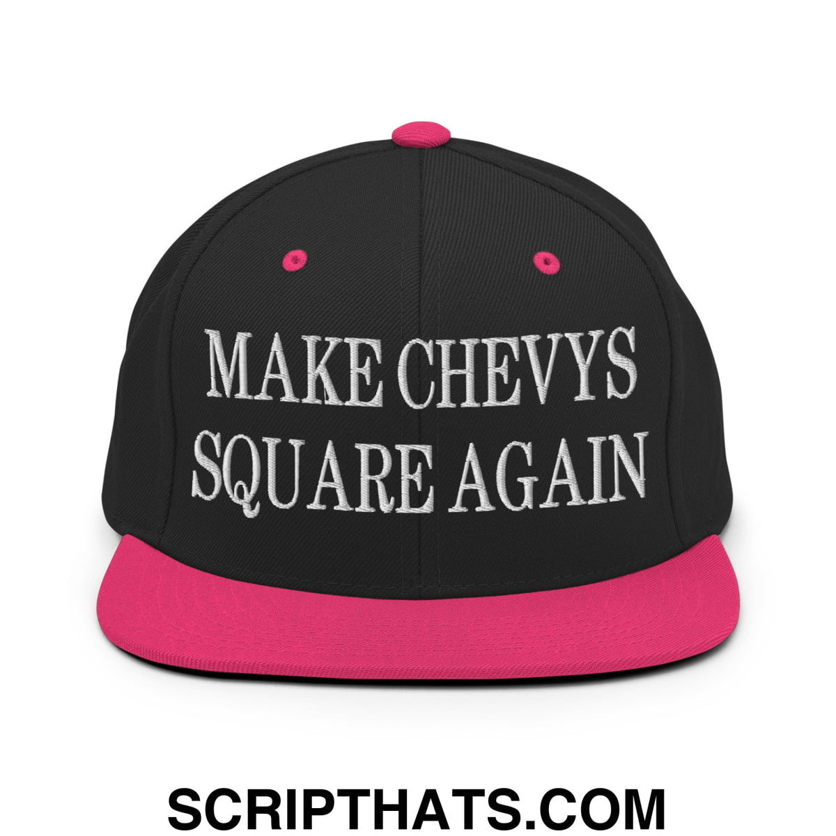 Black snapback hat with vibrant pink brim and button featuring white embroidered text make chevys square again