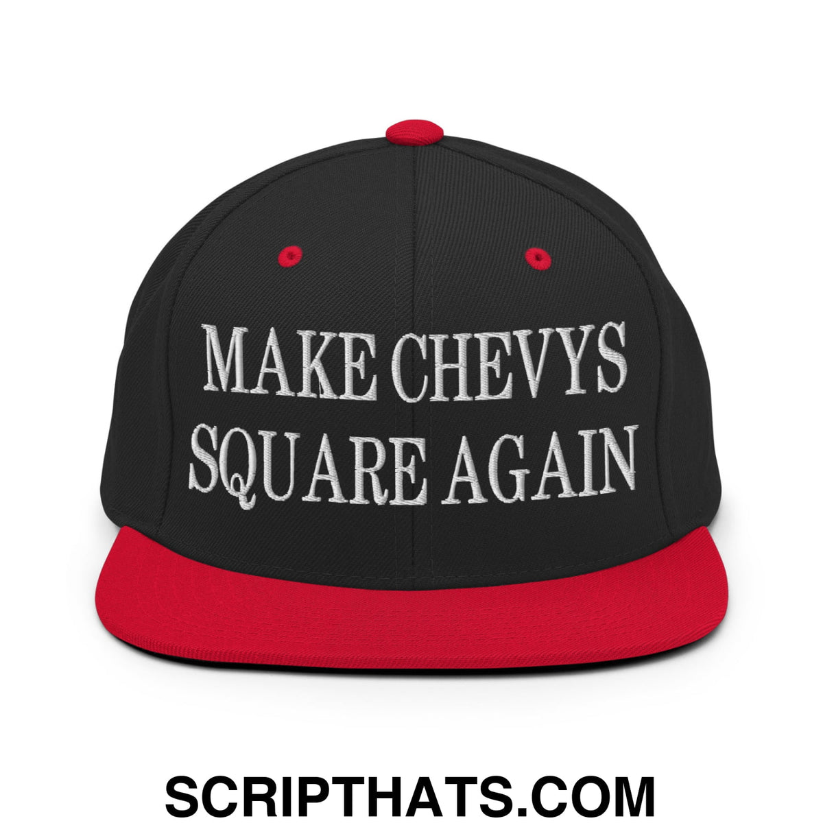 Black and red snapback hat with white embroidered make chevys square again text and flat bill brim design