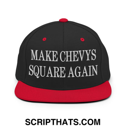 Black and red snapback hat with white embroidered make chevys square again text and flat bill brim design