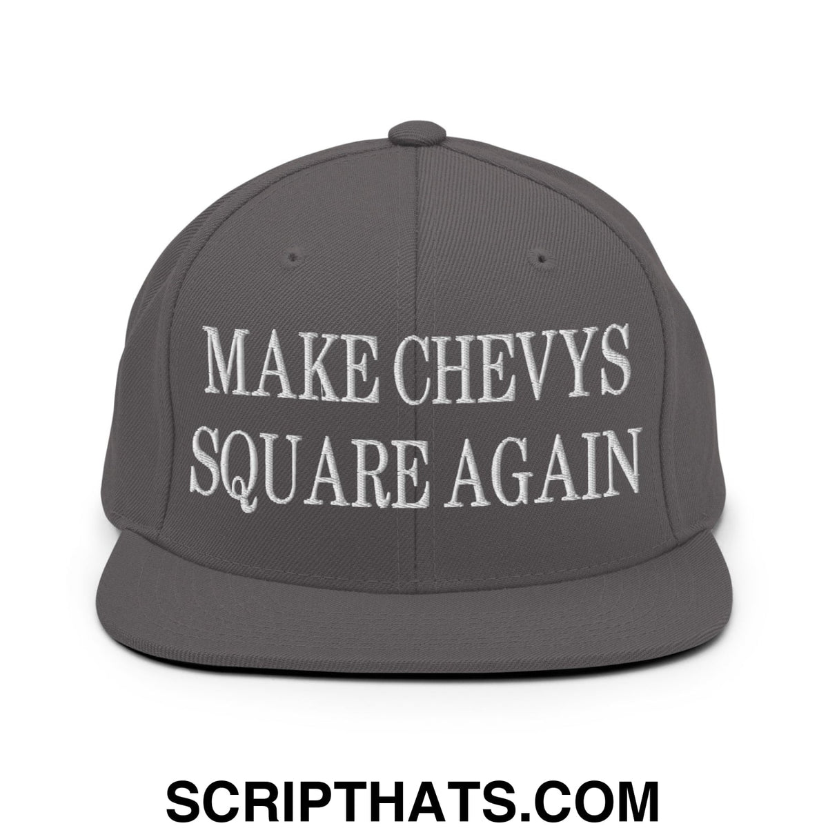 Gray flat bill brim snapback hat with white embroidered text reading make chevys square again for casual wear