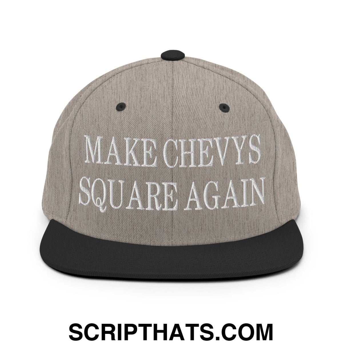 Gray snapback hat with black flat bill brim and embroidered white text reading make chevys square again