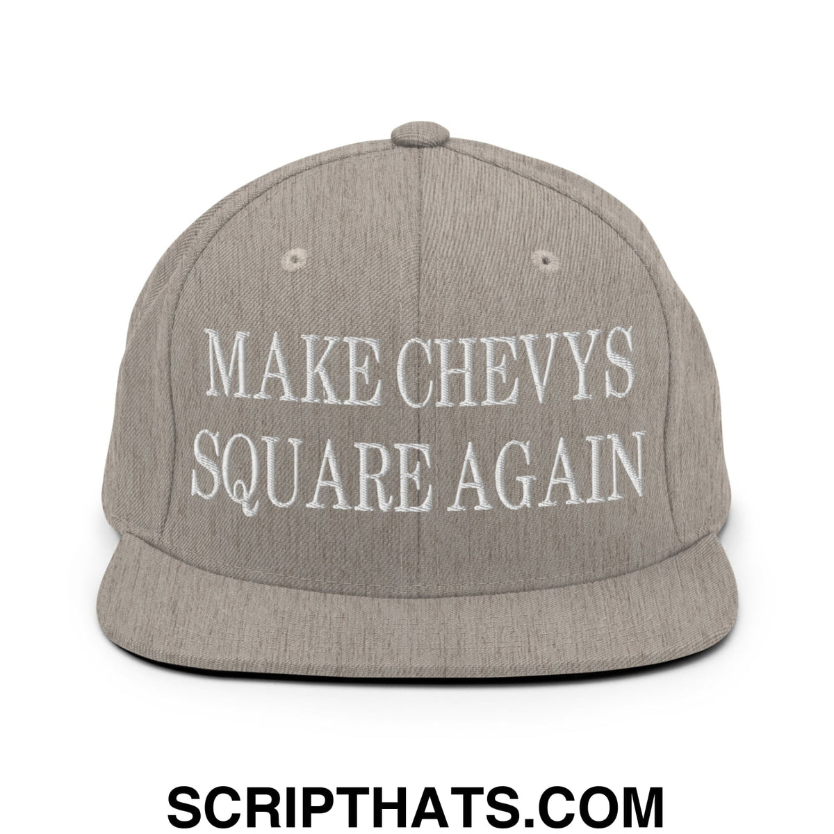 Gray snapback hat with white embroidered make chevys square again text and flat bill brim for casual wear
