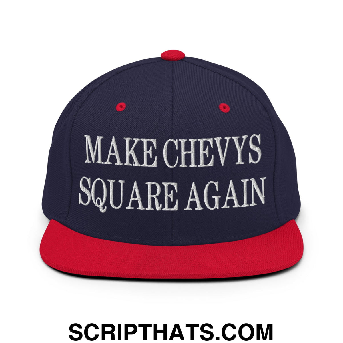 Navy blue snapback hat with red brim and white embroidered make chevys square again text flat bill brim design